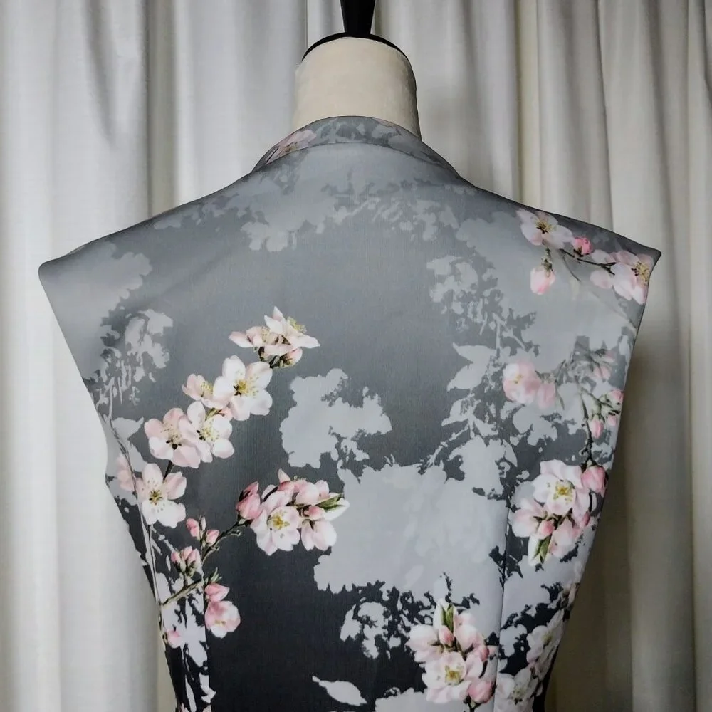 PHASE EIGHT SIZE 10 GRAY & PINK V NECK FLORAL MIDI DRESS - Picture 6 of 12